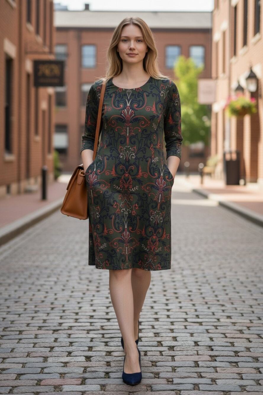 J Mclaughin Paisley Floral Print 3/4 Sleeve Catalina Cloth Midi Dress XL Green
